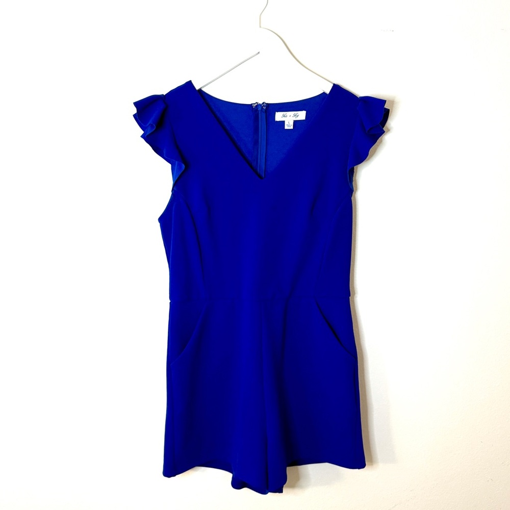 Blue Ruffle Sleeve Romper V-Neck Pockets Women’s Size Large Business Casual